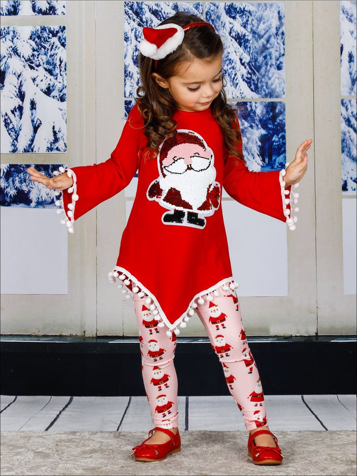 Girls Asymmetric Long Sleeve Ombre Pom Pom Tunic & Leggings Set - Pink / 2T/3T - Girls Christmas Set