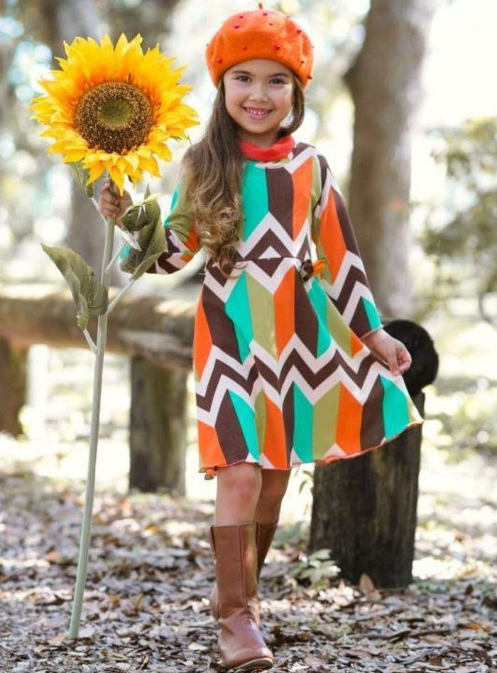 Girls Asymmetric Sleeve Turtle Neck Dress Multicolor- Girls Fall Casual Dress