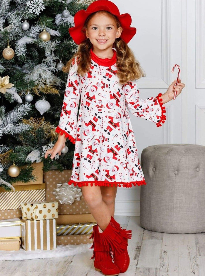 Girls Christmas Themed Long Sleeve Turtle Neck A-Line Sweater Dress with Pom Pom Trim - Girls Christmas Dress