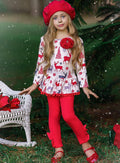 Girls Printed Long Sleeve Ruffled Pom Pom Hem Tunic & Red Leggings Set