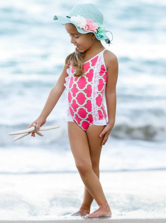 Girls V- Neck Haltered Lace Ruffled One Piece Swimsuit - Girls One Piece Swimsuit