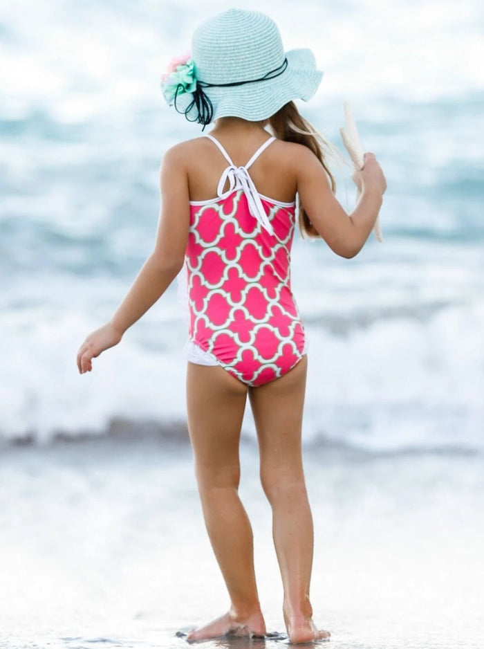 Girls V- Neck Haltered Lace Ruffled One Piece Swimsuit - Girls One Piece Swimsuit