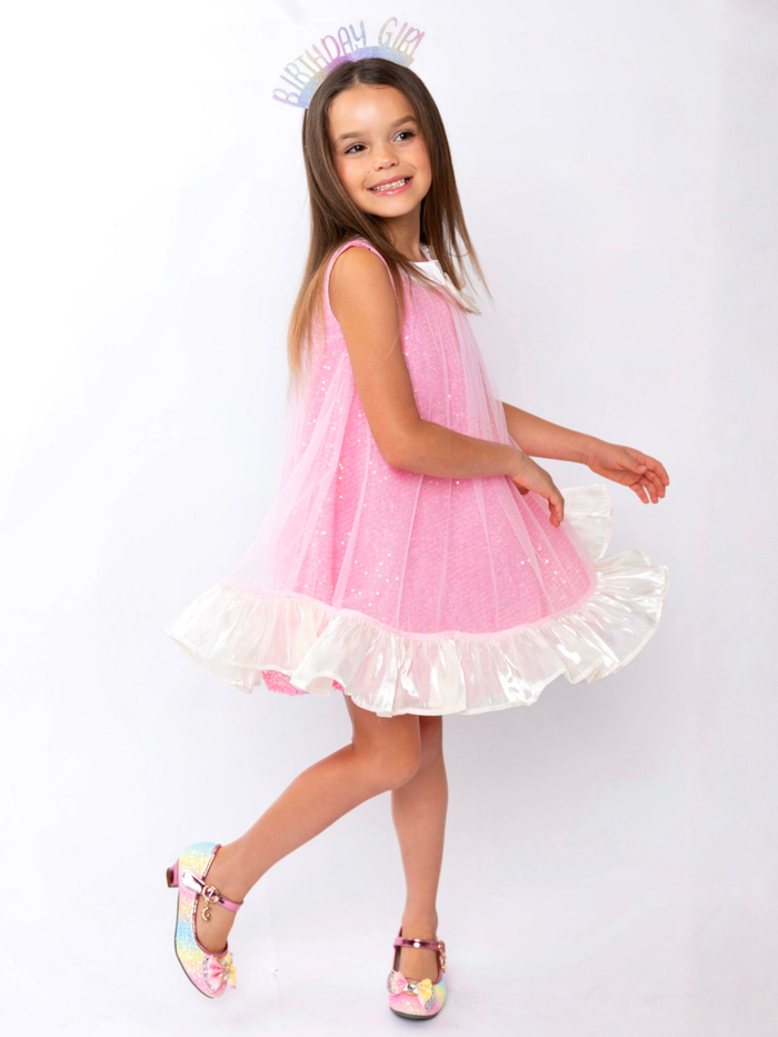 Glittery Pink Bow Sequin Ruffle Dress Mia Belle Girls
