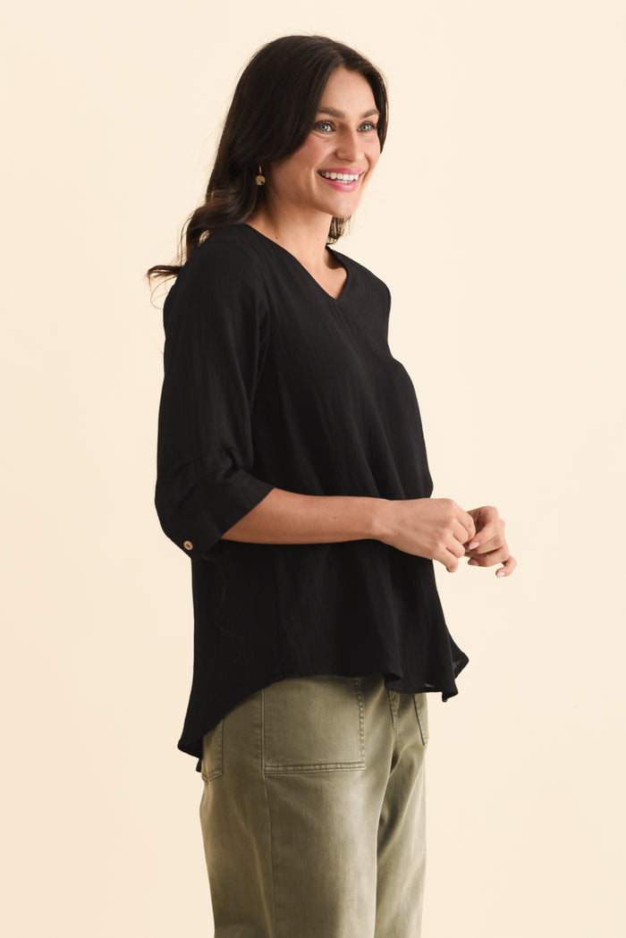 Gomez Black Button Top,Brunette model,alt text|model:Brontie