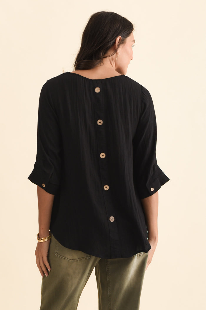 Gomez Black Button Top,Brunette model,alt text|model:Brontie