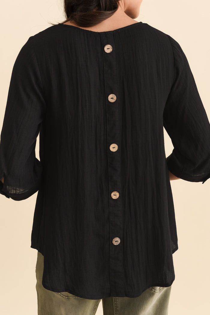 Gomez Black Button Top,Brunette model,alt text|model:Brontie