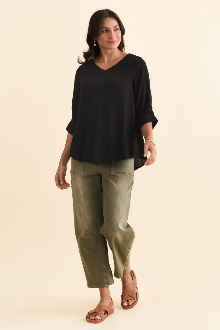 Gomez Black Button Top,Brunette model,alt text|model:Brontie