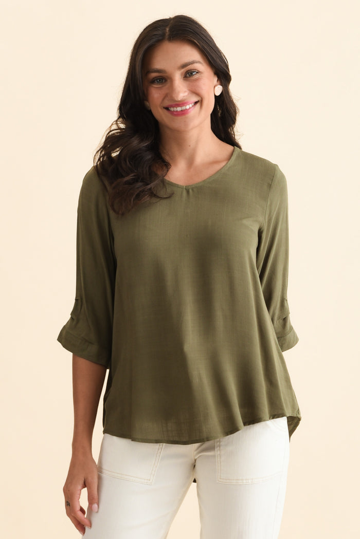 Gomez Khaki Button Top,Brunette model,alt text|model:Brontie