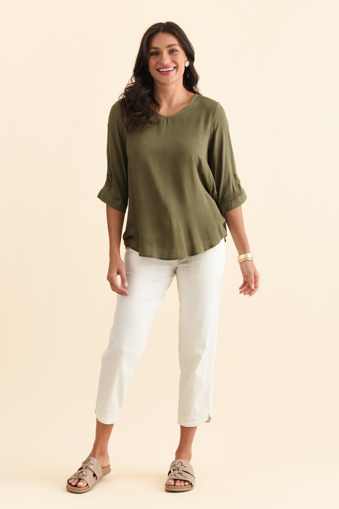 Gomez Khaki Button Top,Brunette model,alt text|model:Brontie