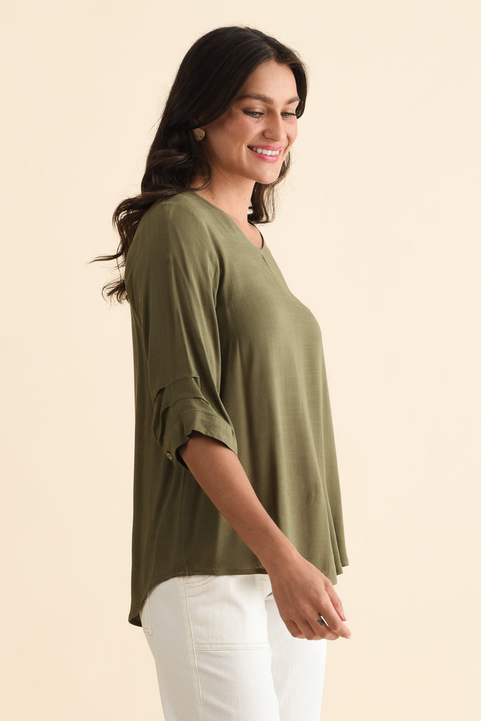 Gomez Khaki Button Top,Brunette model,alt text|model:Brontie