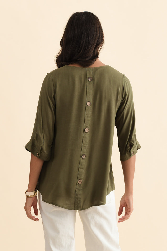Gomez Khaki Button Top,Brunette model,alt text|model:Brontie