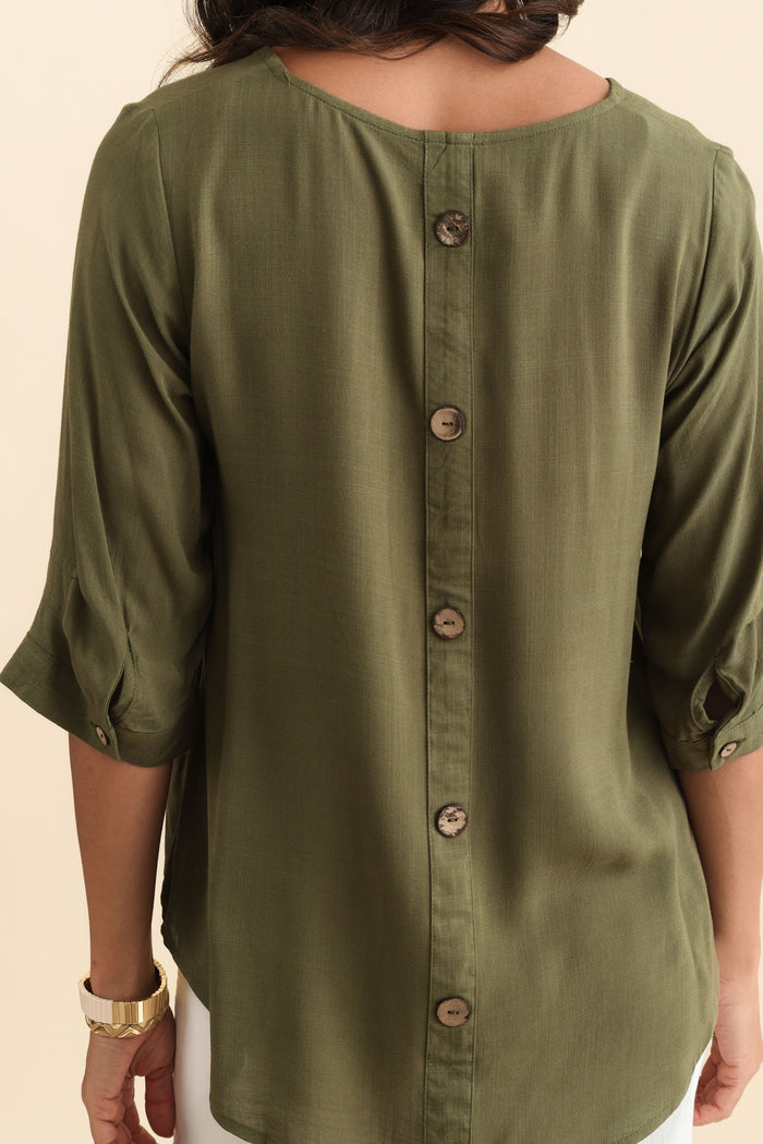 Gomez Khaki Button Top,Brunette model,alt text|model:Brontie