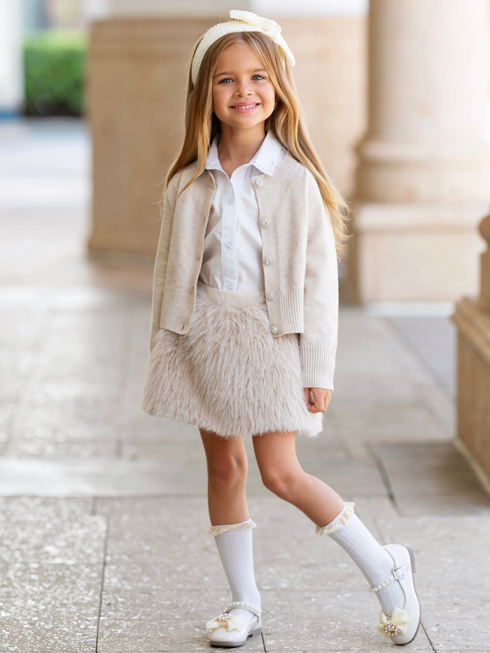 Graceful Glam Cardigan and Faux Fur Skirt 3-Piece Set