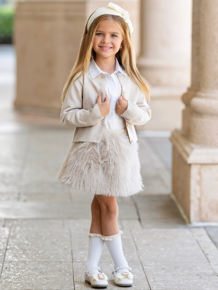 Graceful Glam Cardigan and Faux Fur Skirt 3-Piece Set