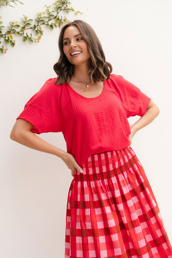 Grove Red Check Cotton Blend Top,Lifestyle