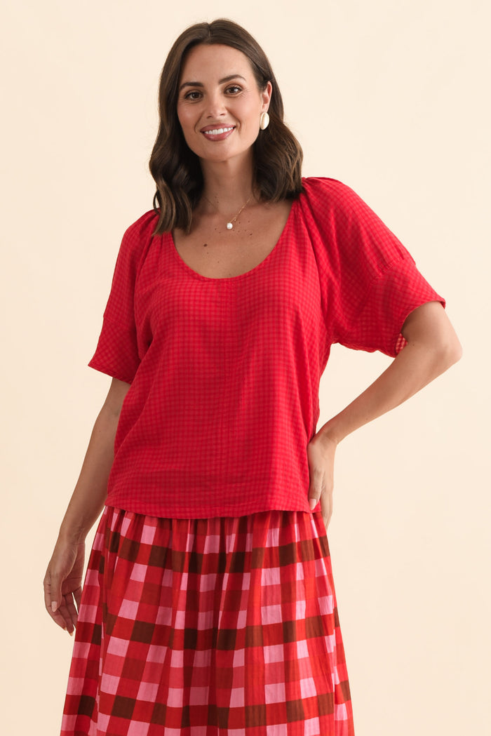 Grove Red Check Cotton Blend Top,Brunette model,alt text|model:MJ
