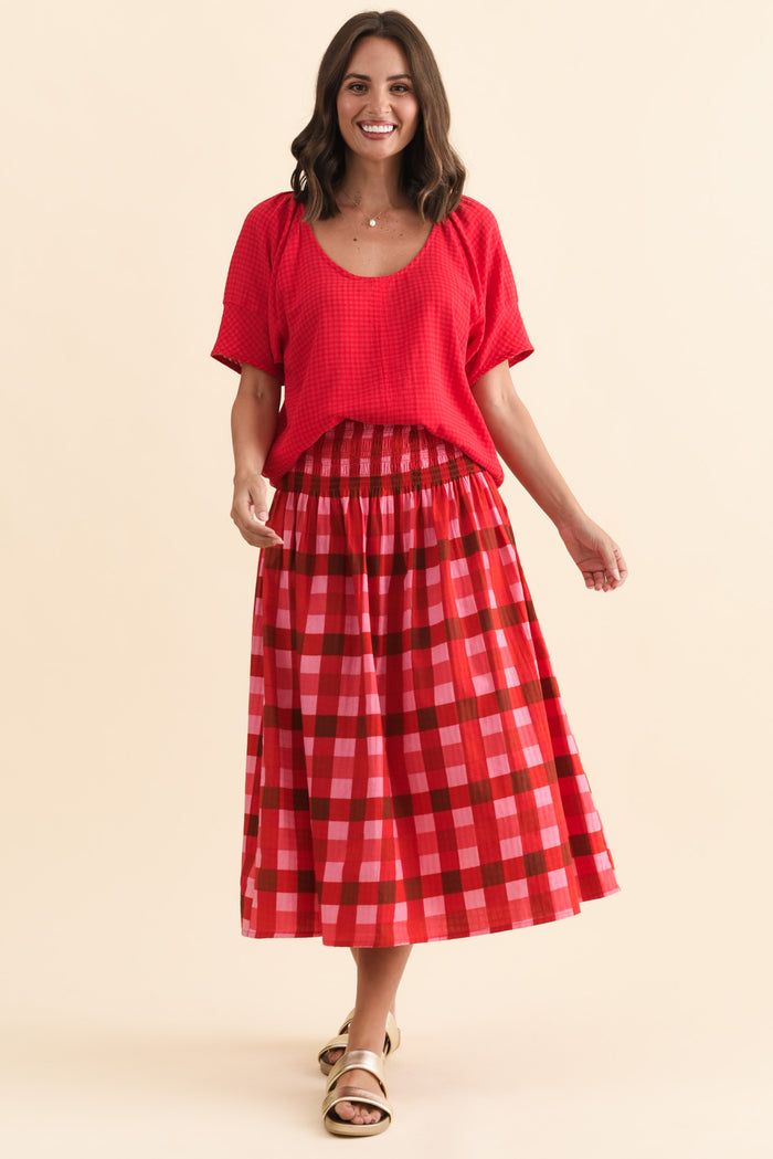 Grove Red Check Cotton Blend Top,Brunette model,alt text|model:MJ