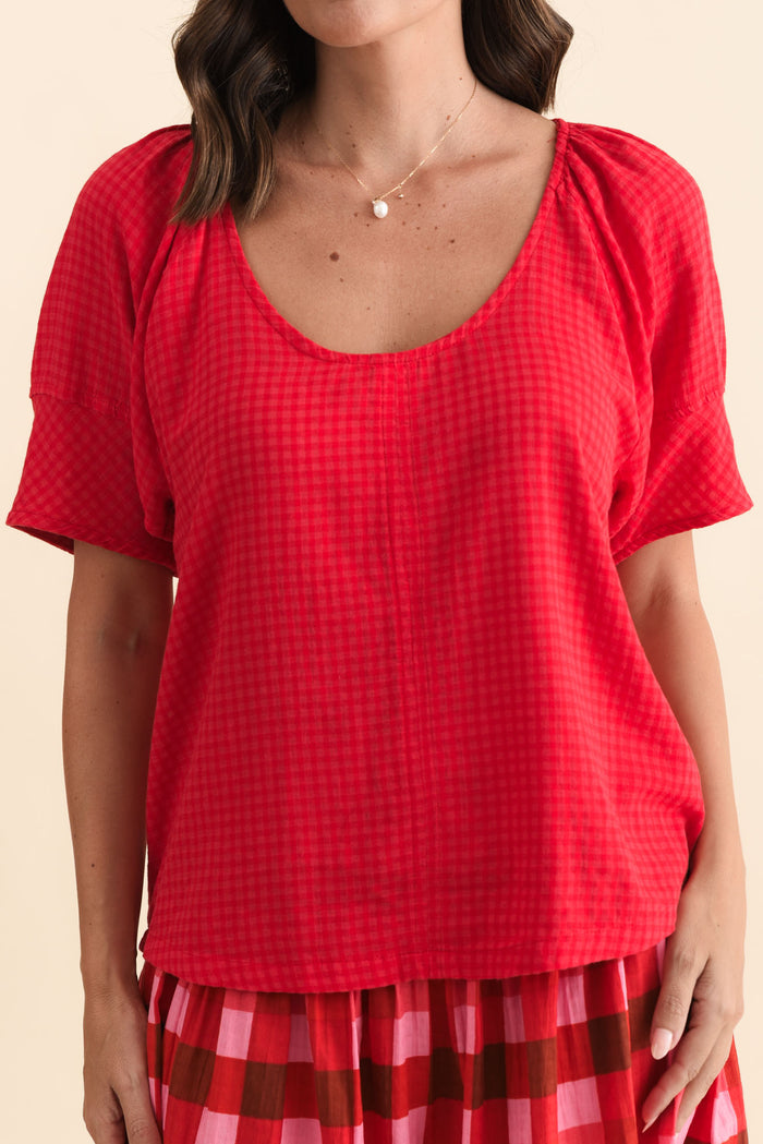 Grove Red Check Cotton Blend Top,Brunette model,alt text|model:MJ