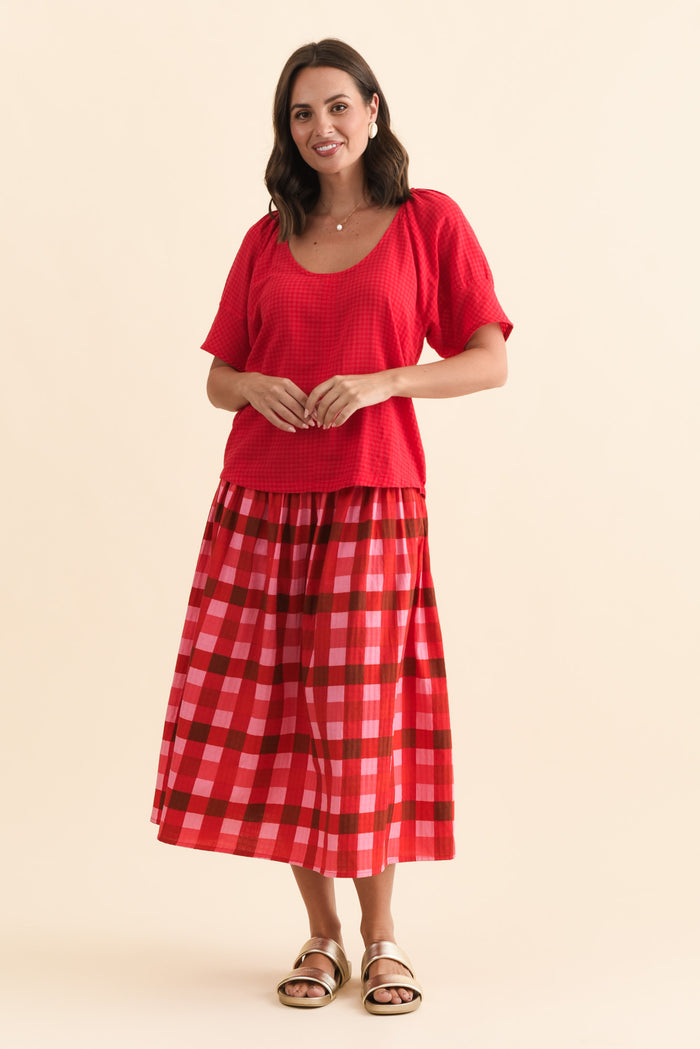 Grove Red Check Cotton Blend Top,Brunette model,alt text|model:MJ