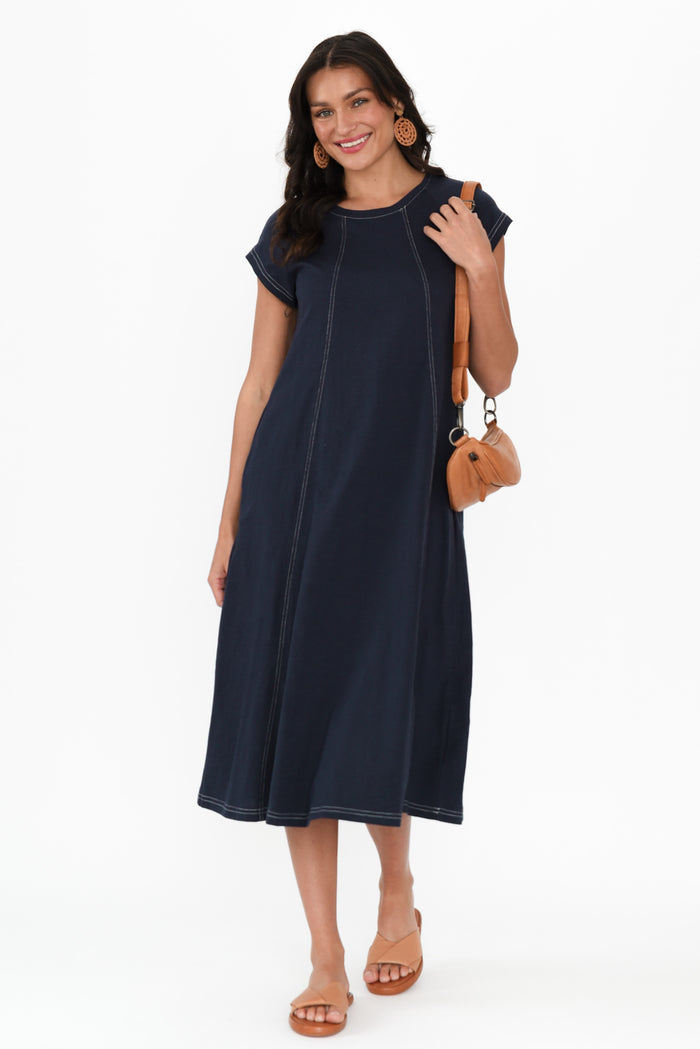 Haisley Navy Contrast Cotton Dress,Brunette model,alt text|model:Brontie