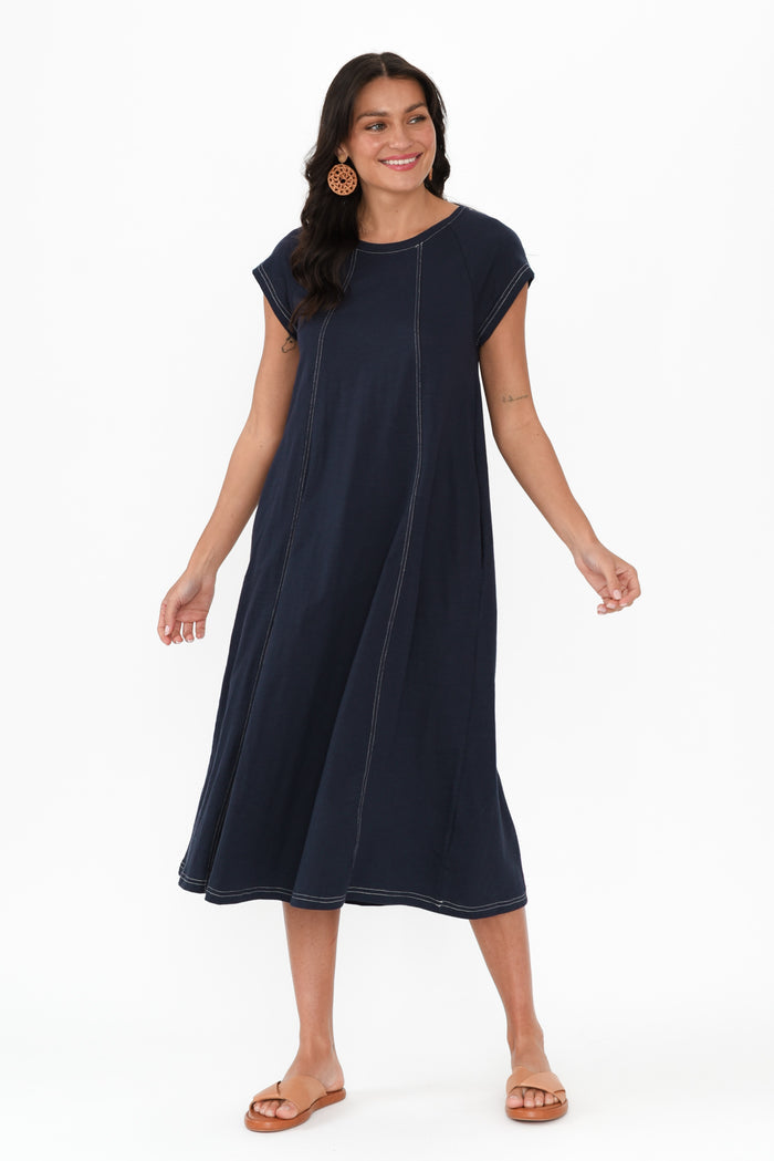 Haisley Navy Contrast Cotton Dress,Brunette model,alt text|model:Brontie
