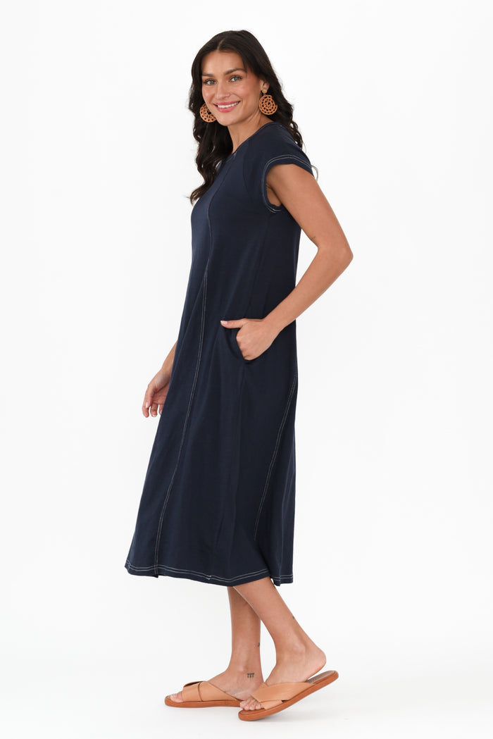 Haisley Navy Contrast Cotton Dress,Brunette model,alt text|model:Brontie