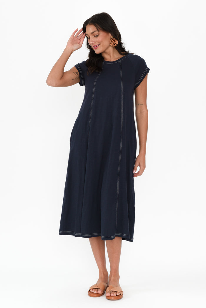 Haisley Navy Contrast Cotton Dress,Brunette model,alt text|model:Brontie
