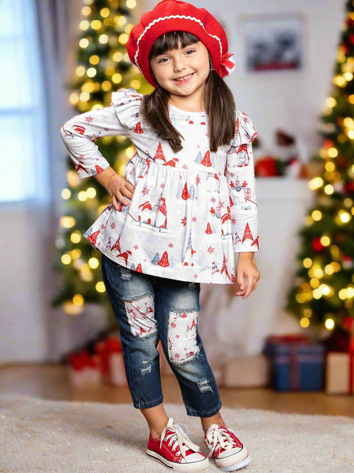 Cute Winter Sets | Girls Winter Gnomes Ruffle Top & Patched Jeans Set