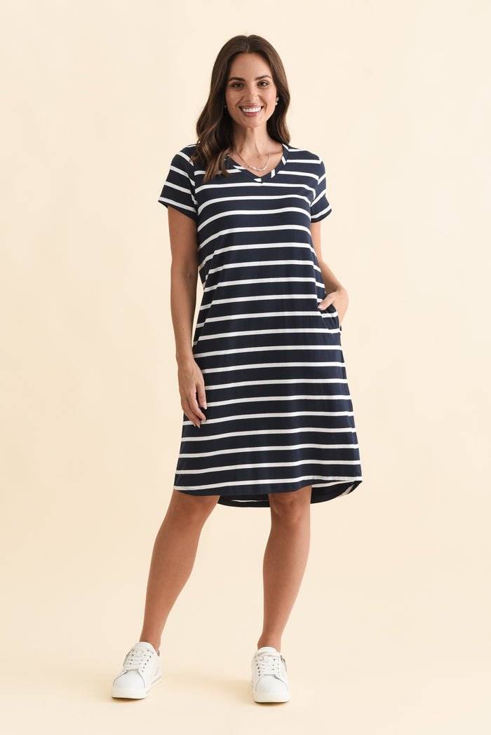 Harley Navy Stripe Cotton Tee Dress,Brunette model,alt text|model:MJ