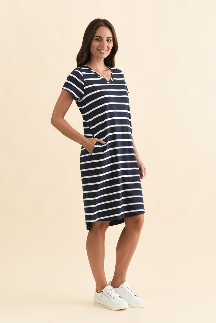 Harley Navy Stripe Cotton Tee Dress,Brunette model,alt text|model:MJ