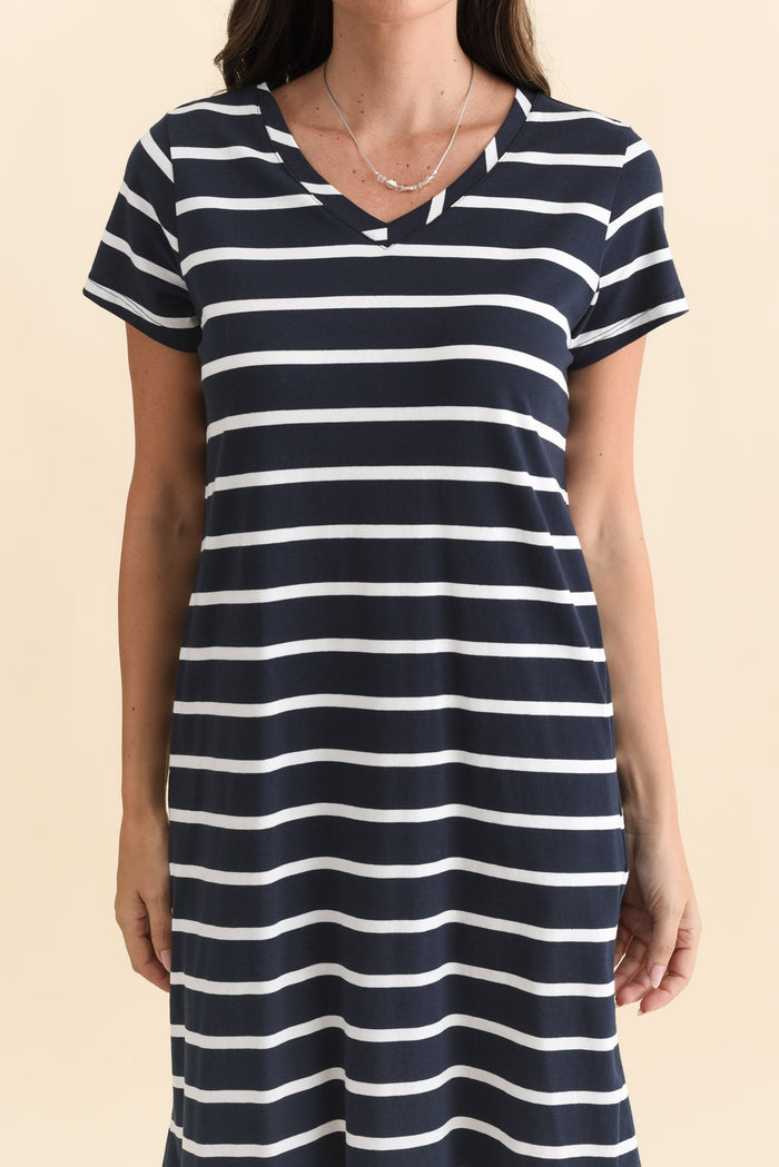Harley Navy Stripe Cotton Tee Dress,Brunette model,alt text|model:MJ