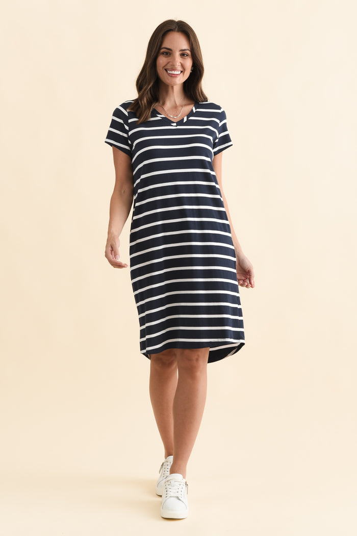 Harley Navy Stripe Cotton Tee Dress,Brunette model,alt text|model:MJ