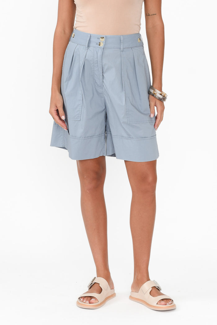 Harlyn Light Blue Cotton Shorts,Brunette model,alt text|model:Brontie