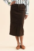 Harriet Chocolate Denim Midi Skirt,Front,Brunette model,alt text|model:Cara