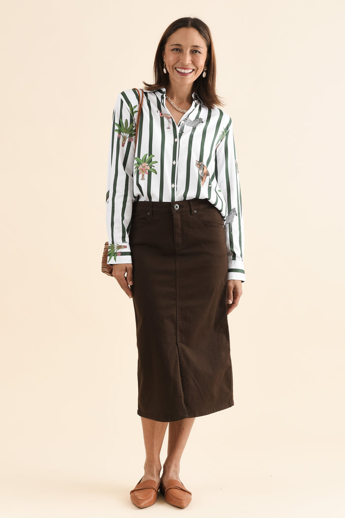 Harriet Chocolate Denim Midi Skirt,Full Body,Brunette model,alt text|model:Cara