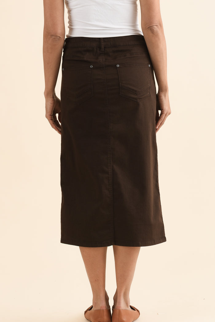 Harriet Chocolate Denim Midi Skirt,Back,Brunette model,alt text|model:Cara