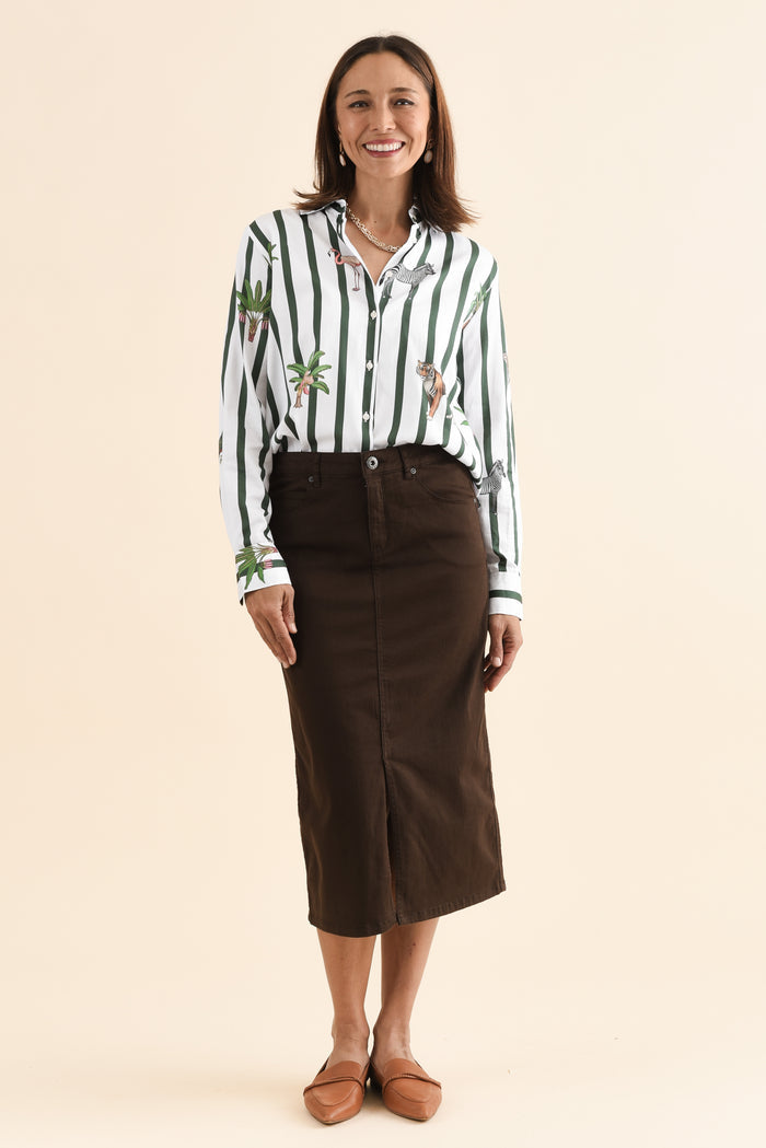Harriet Chocolate Denim Midi Skirt,Full Body,Brunette model,alt text|model:Cara