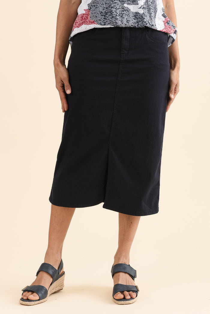 Harriet Navy Denim Midi Skirt,Front,Brunette model,alt text|model:Cara