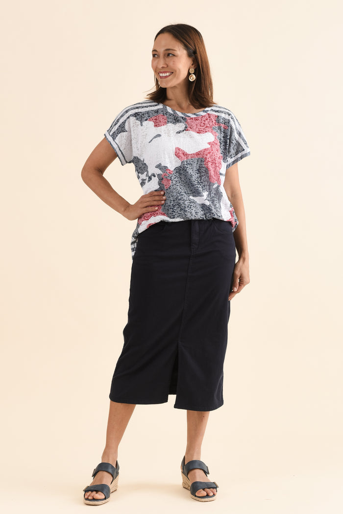 Harriet Navy Denim Midi Skirt,Full Body,Brunette model,alt text|model:Cara