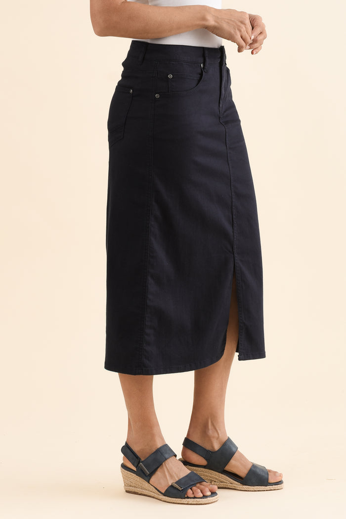 Harriet Navy Denim Midi Skirt,Side,Brunette model,alt text|model:Cara