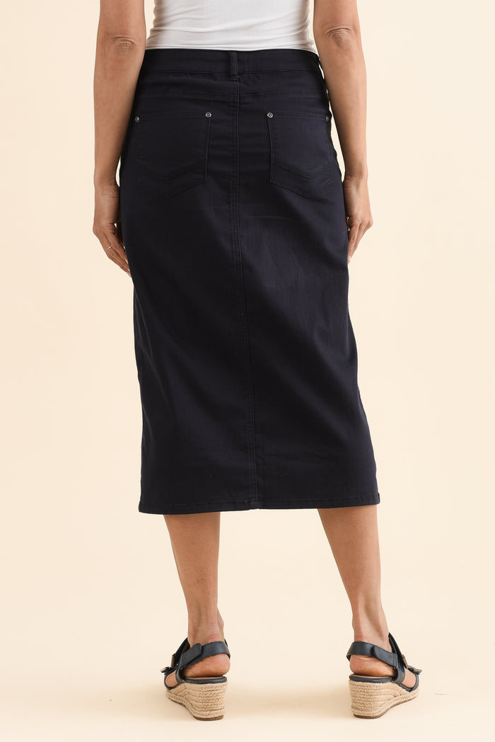 Harriet Navy Denim Midi Skirt,Back,Brunette model,alt text|model:Cara