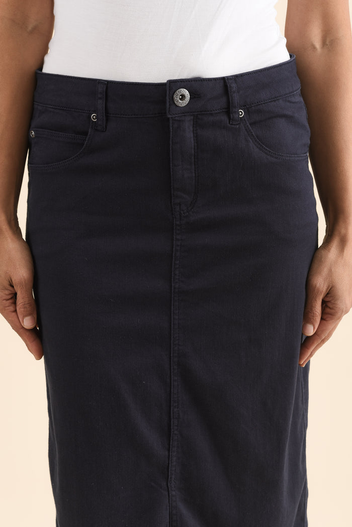 Harriet Navy Denim Midi Skirt,Detail,Brunette model,alt text|model:Cara