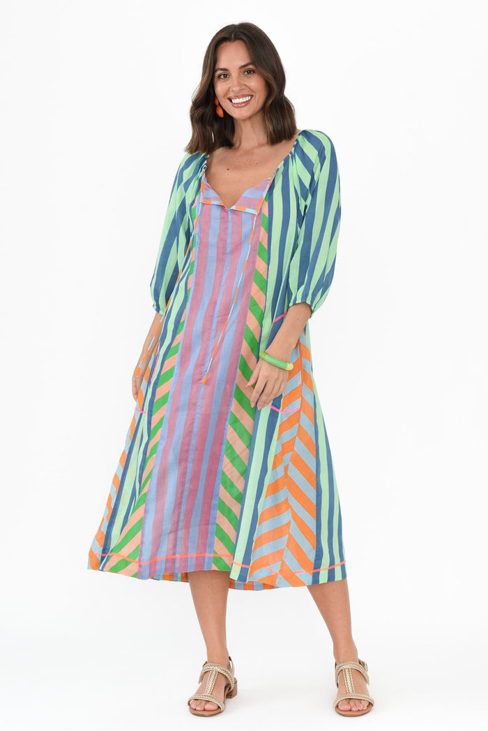 Hattie Blue Stripe Cotton Pocket Dress,Brunette model,alt text|model:MJ