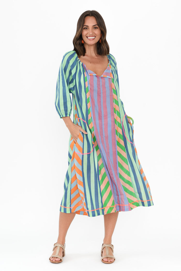 Hattie Blue Stripe Cotton Pocket Dress,Brunette model,alt text|model:MJ
