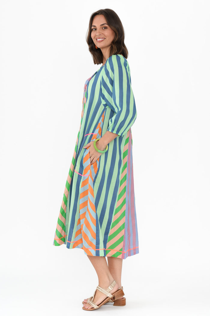 Hattie Blue Stripe Cotton Pocket Dress,Brunette model,alt text|model:MJ