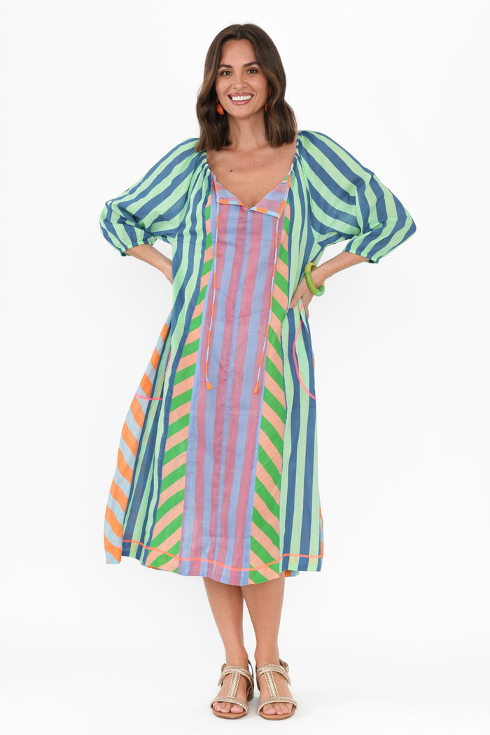 Hattie Blue Stripe Cotton Pocket Dress,Brunette model,alt text|model:MJ
