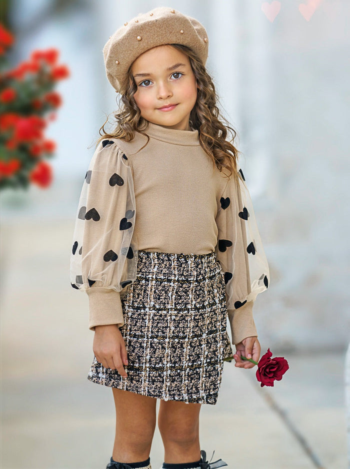 Mia Belle Girls Tulle Sleeve Top & Tweed Skort Set | Valentine's Set