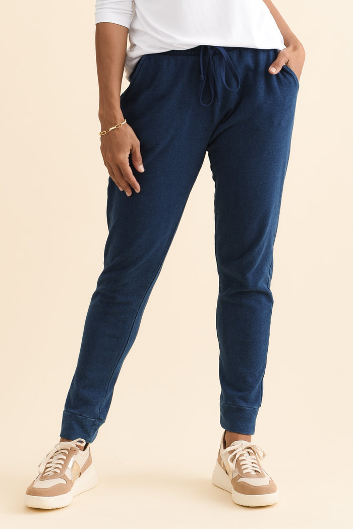 Heidi Indigo Cuffed Jogger Pants,Brunette model,alt text|model:Cara