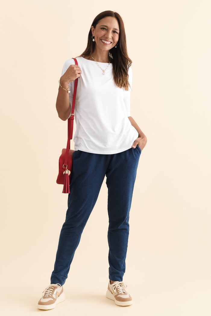 Heidi Indigo Cuffed Jogger Pants,Brunette model,alt text|model:Cara