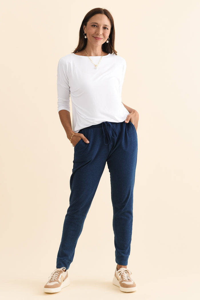 Heidi Indigo Cuffed Jogger Pants,Brunette model,alt text|model:Cara